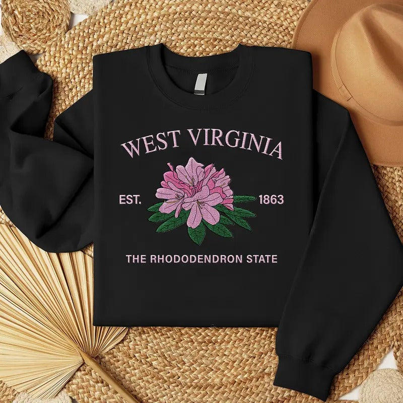 West Virgina Rhododendron Embroidered State Flower Sweatshirt, Hometown Embroidered Shirt, Favorite Flower Embroidered...