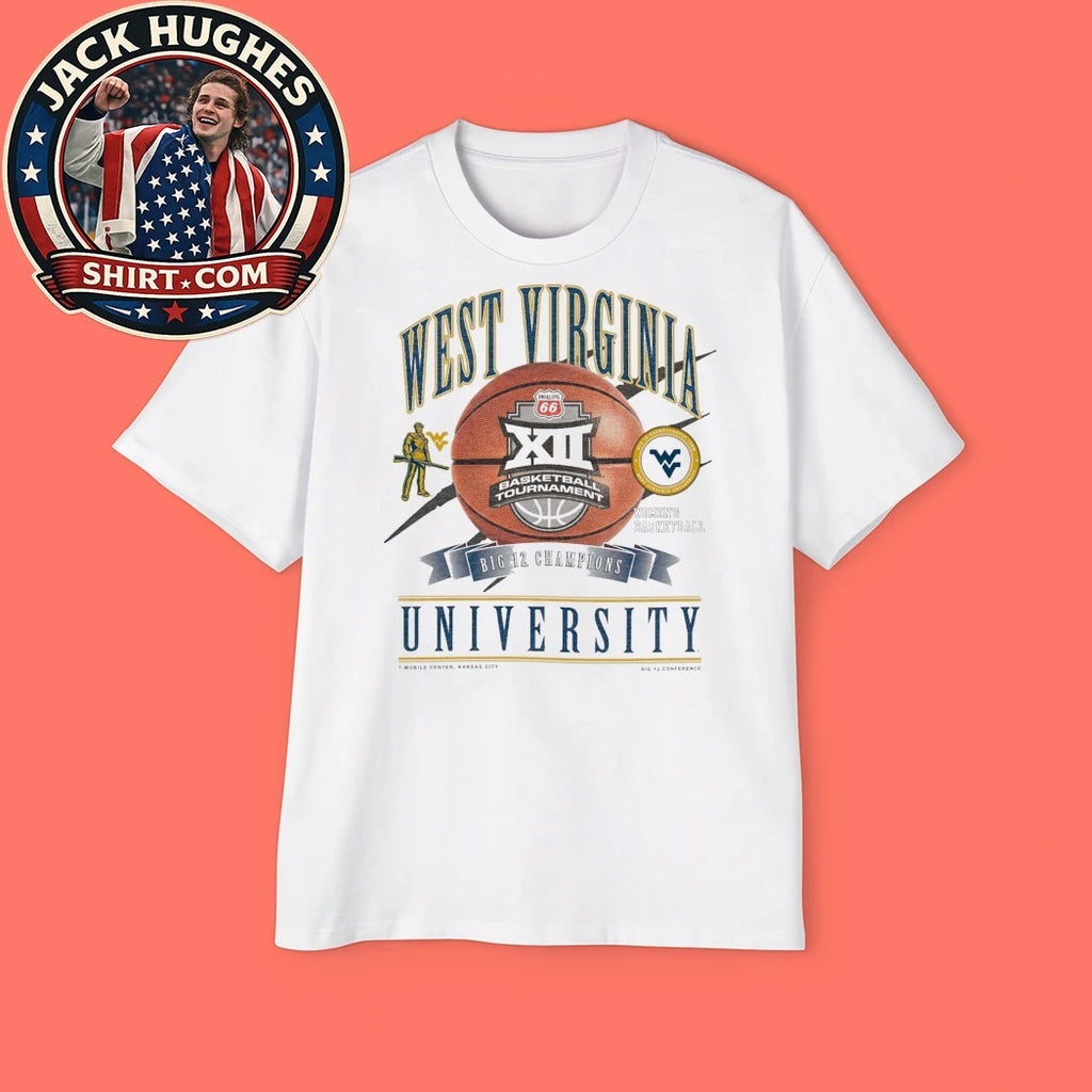 West Virginia University Basketball Tournament Big 12 Champions T-Mobile Center Kansas City Logo T-Shirt