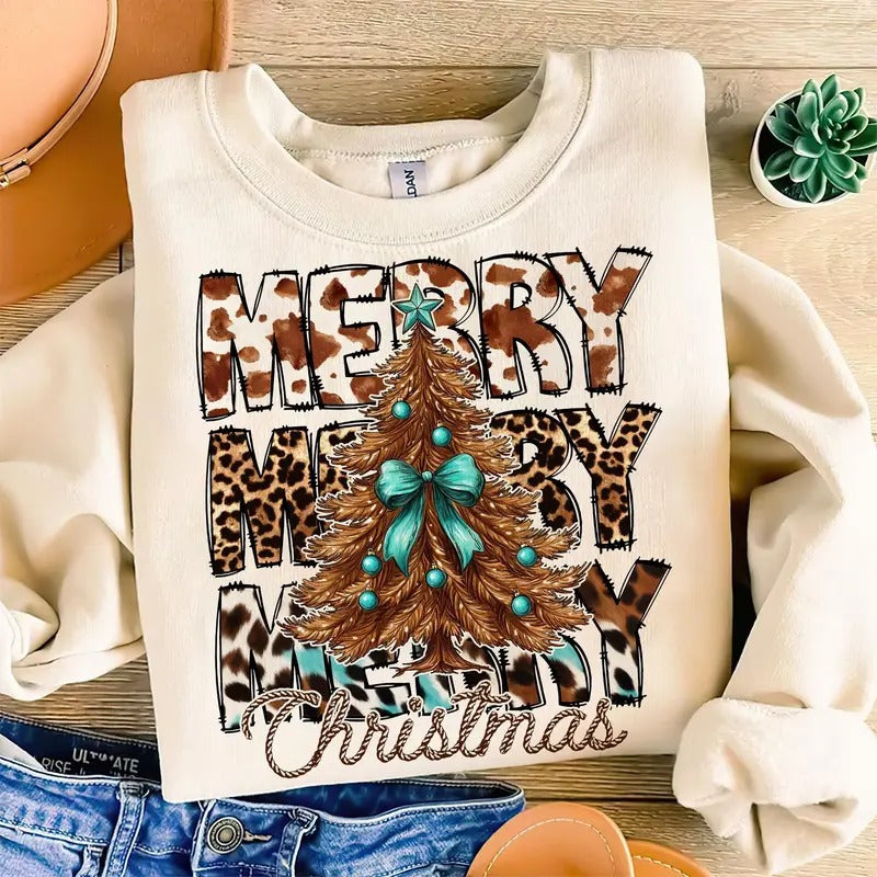 Western Christmas Coquette Shirt Howdy Christmas Country Tree Turquoise Gem Stones Cow Bows ornament Cowboy Boots Xmas...