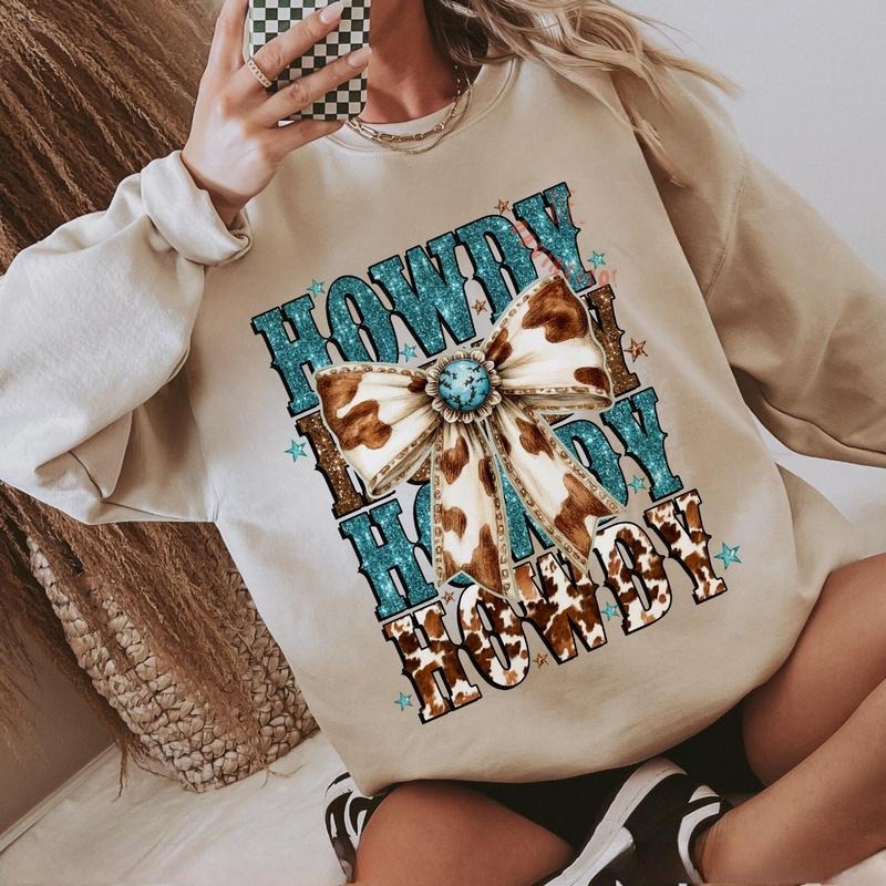 Western Coquette Howdy Sweater, Turquoise Cowhide, Western Mama Shirt, Western Coquette Bow Gift Hoodie, Sweatshirt