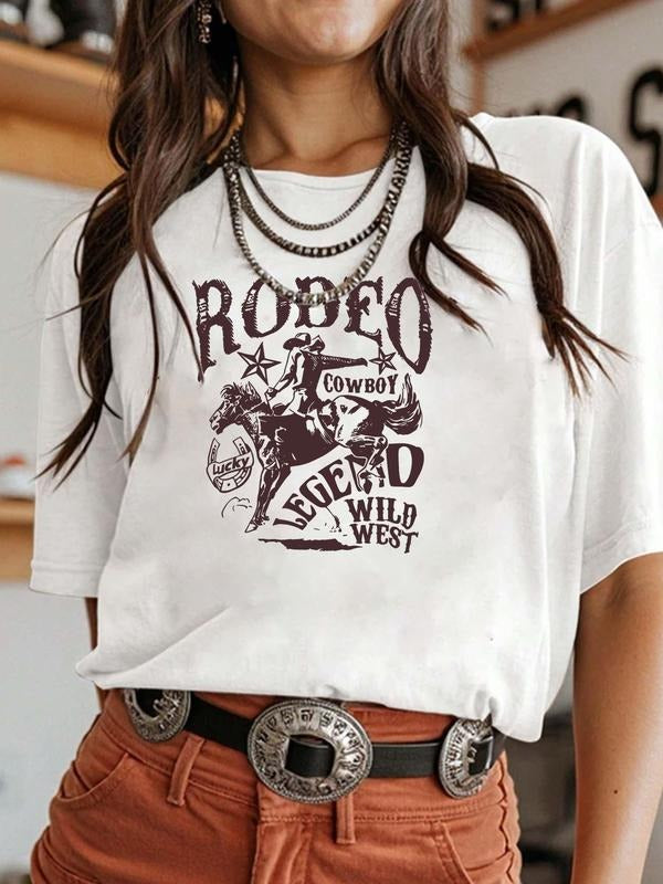 Western Cowboy Legend Trendy Short Sleeve T-Shirt, Women's Comfortable Daily Top, Casual Graphic Tee for Summer, Fitted...