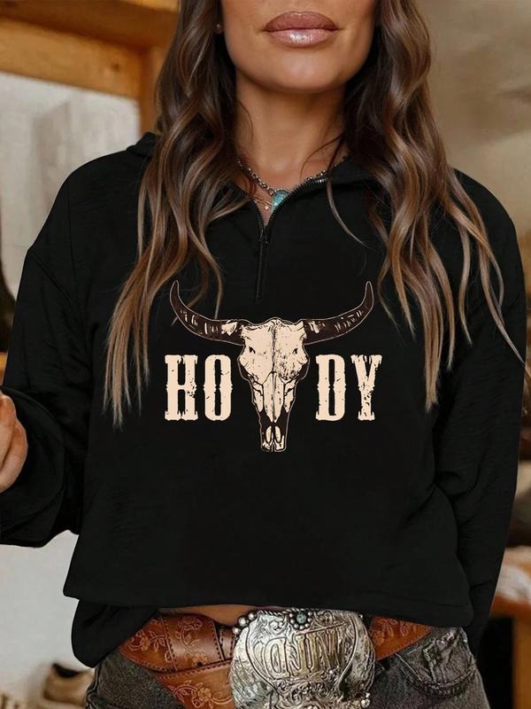 Western Cowboy Style Cow Head Print Half-Zip Sweatshirt, Fashion Women's Clothing, Comfortable and Stylish, Easy to Match...