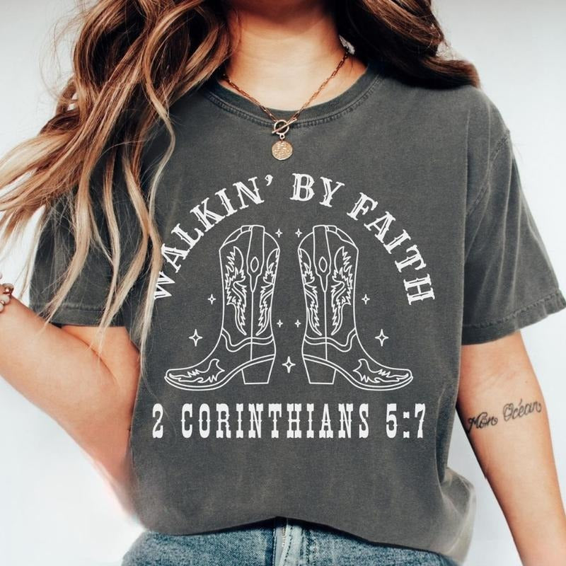 Western Cowgirl Boot Walkin' By Faith Christian Shirt, Christian Walk by Faith, Bible Verse Tee, Religious Country Girl...
