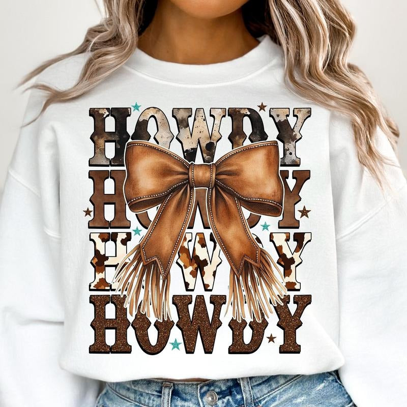 Western Cowgirl Howdy Crewneck Sweater, Brown Leather Bow Tee, Western Mama Shirt, Western Coquette Cowgirl Tee Hoodie,...
