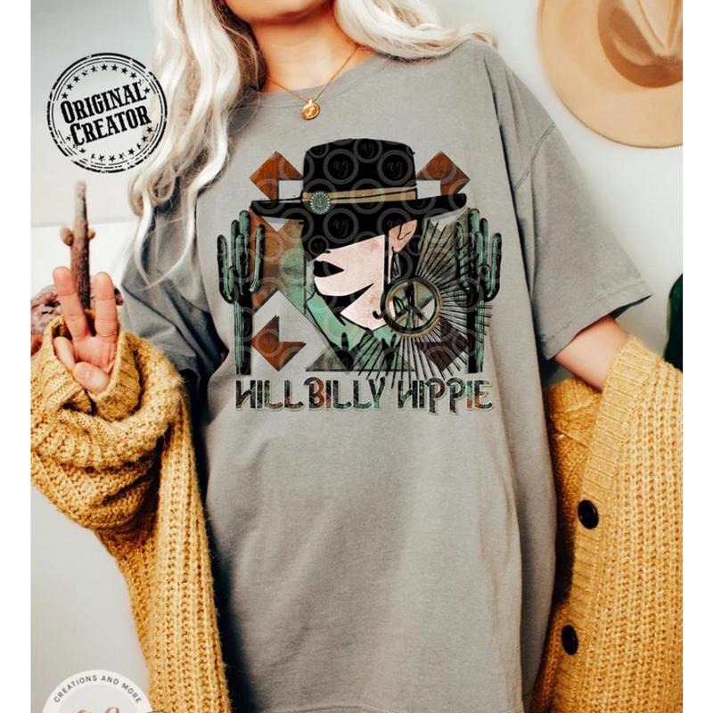 Western Cowgirl T Shirt, Hillbilly Hippie Cowgirl Tee, Retro Western Shirt, Sublimation Design Top KNO9G Hoodie, Sweatshirt