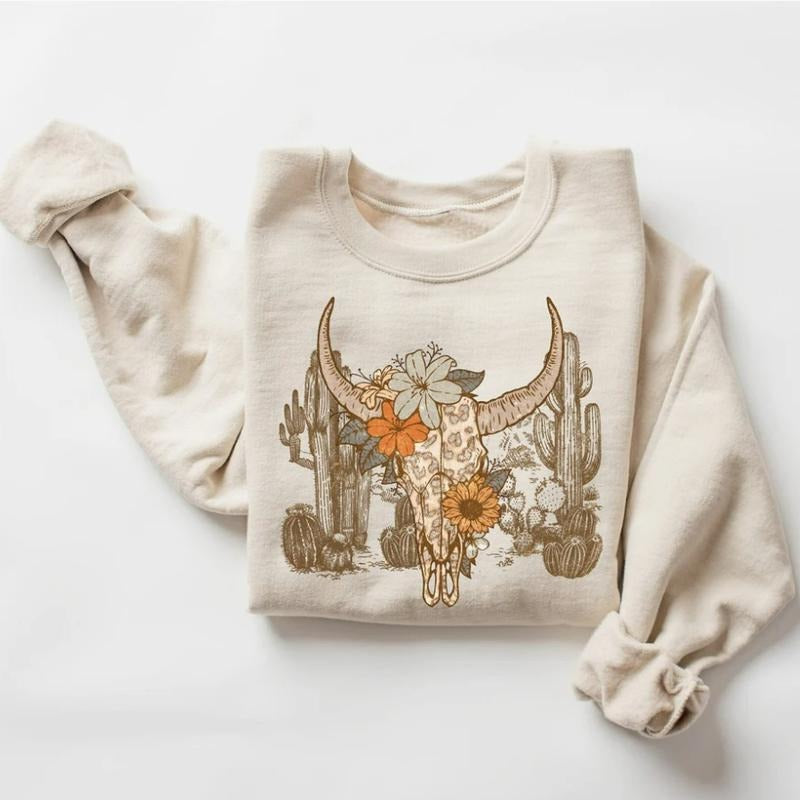 Western Desert Cow Skull Leopard Cactus Sweatshirt, Southwest Boho Longhorn Buffalo Shirt, Western clothing Sweatshirt,...