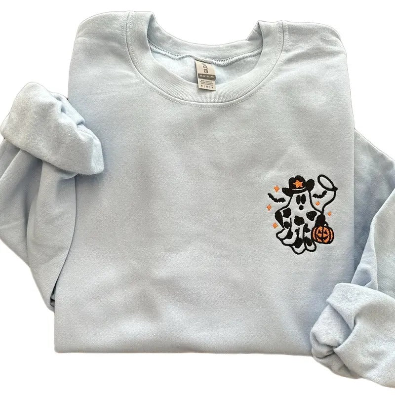 Western Ghost with Lasso Halloween Embroidered Crewneck Sweatshirt Comfort T-Shirts, Hoodie | HypeCrazeTee.com