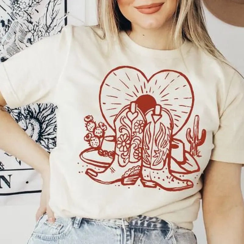 Western Graphic Tee Cowgirl T-Shirt Trendy Western Vintage Tee Rodeo Fashion Tee Boho Shirt Cowgirl Boots Shirt Rodeo Tee...