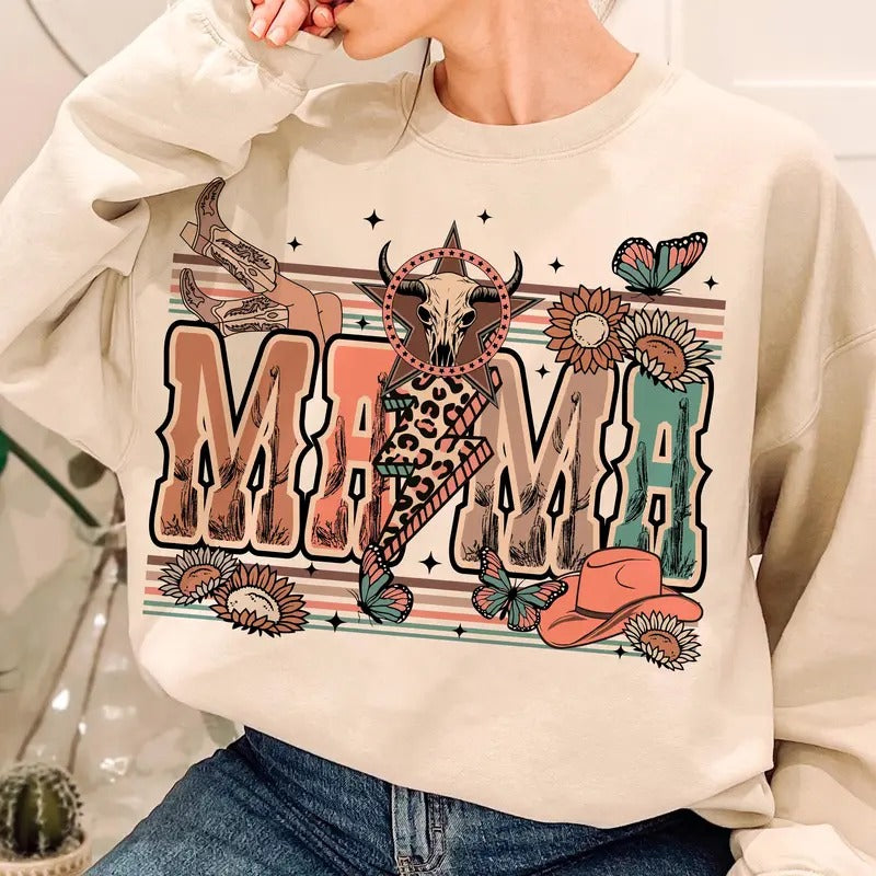 Western Mama Howdy Cowhide Sweatshirt, Western Mom, Coquette Mama, Western Cow Howdy Shirt, Mothers Day Gift, Mama Trendy...