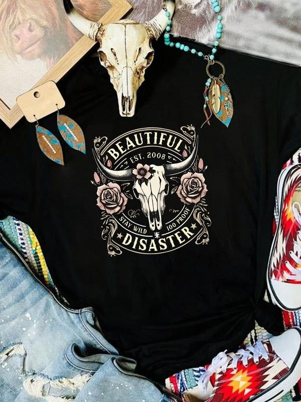 Western Style Skull Rose Slogan Trendy Short Sleeve T-Shirt, Women's Comfortable Daily Wear Top, Casual Summer Fitted Tee...