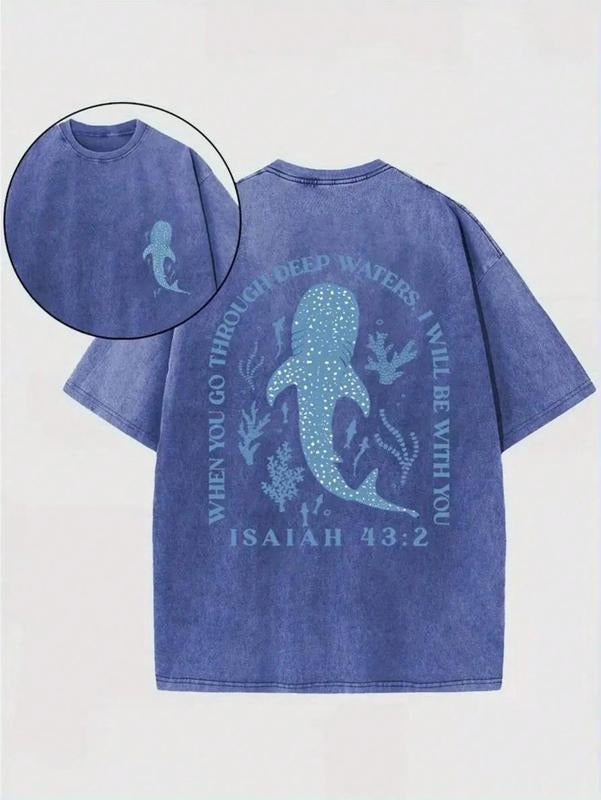 Whale Shark Pattern Retro Washed Cotton Double-Sided Printed T-Shirt Men's T-Shirt Old Summer Clothing Off Shoulder...
