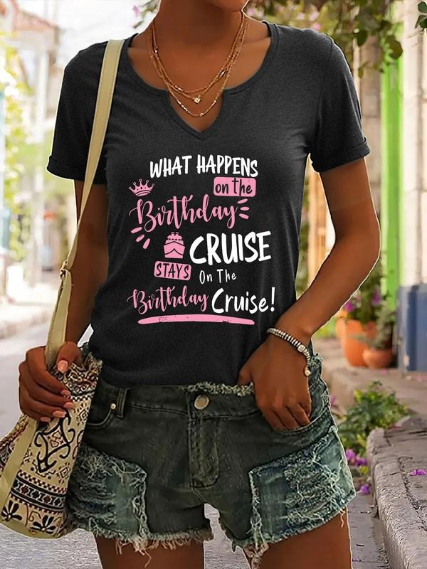 What Happens on the Birthday Cruise Stays on the Birthday Cruise Graphic T-Shirt, Casual V-Neck Summer Top, Fitted Short...