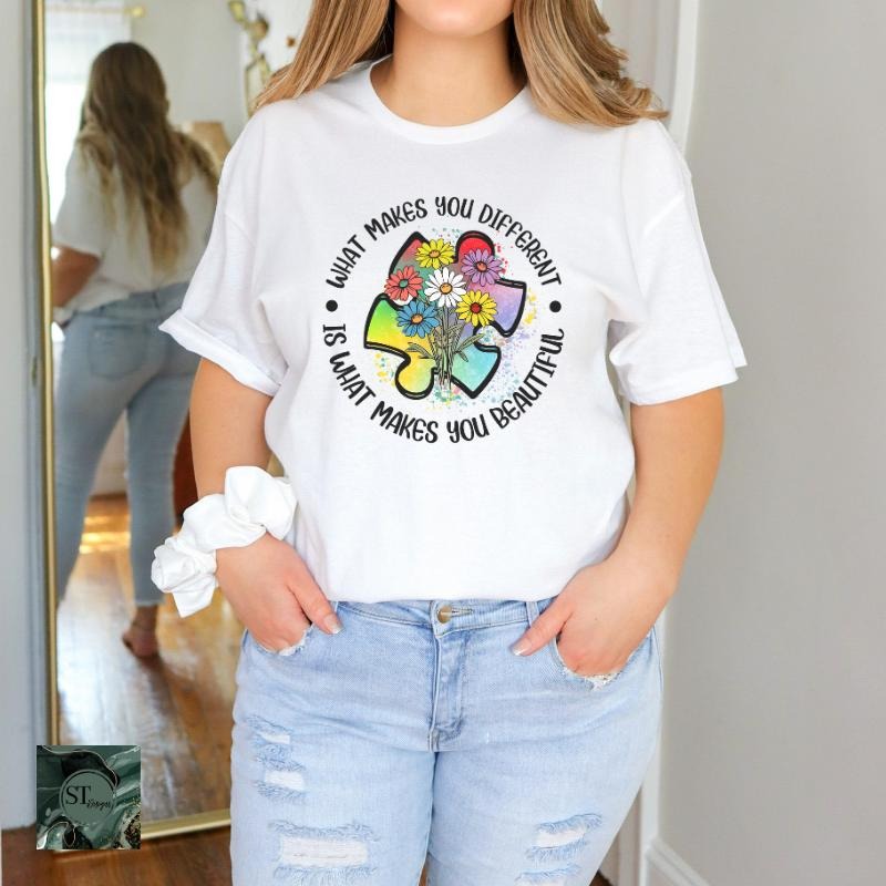 What Makes you Different is What Makes you Beautiful Autism Awareness White 100% Ring spun Cotton T-Shirt Unisex Fit...