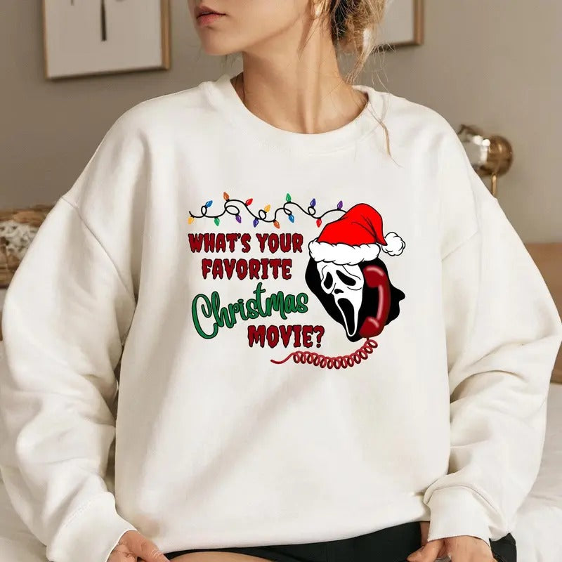 What's Your Favorite Christmas Movie Tshirt Sweatshirt, Scary Movie Lover Gift, Cute Horror Movie Tee, Unisex Sweater...