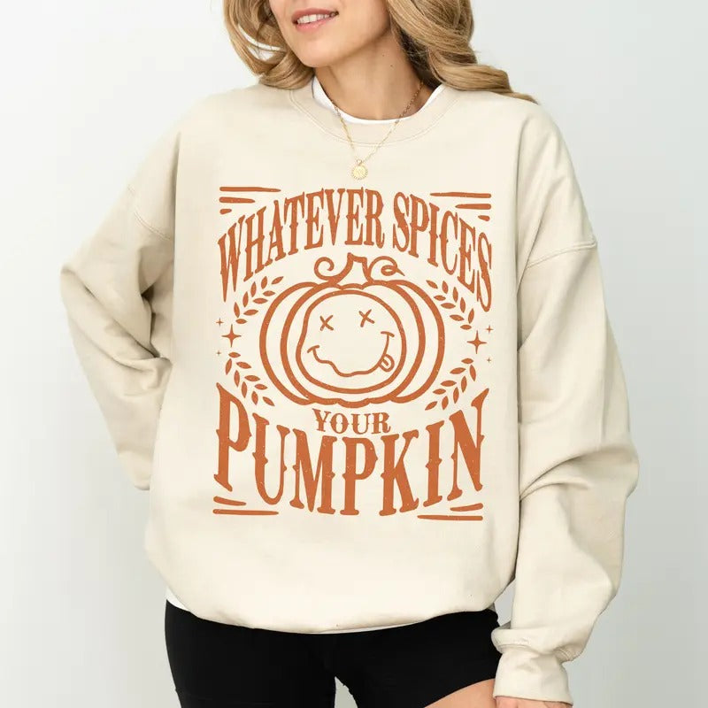 Whatever Spices Your Pumpkin Sweatshirt, Pumpkin Spice Retro Crewneck, Autumn Apparel, Retro Fall Vibes Sweater, Vintage...