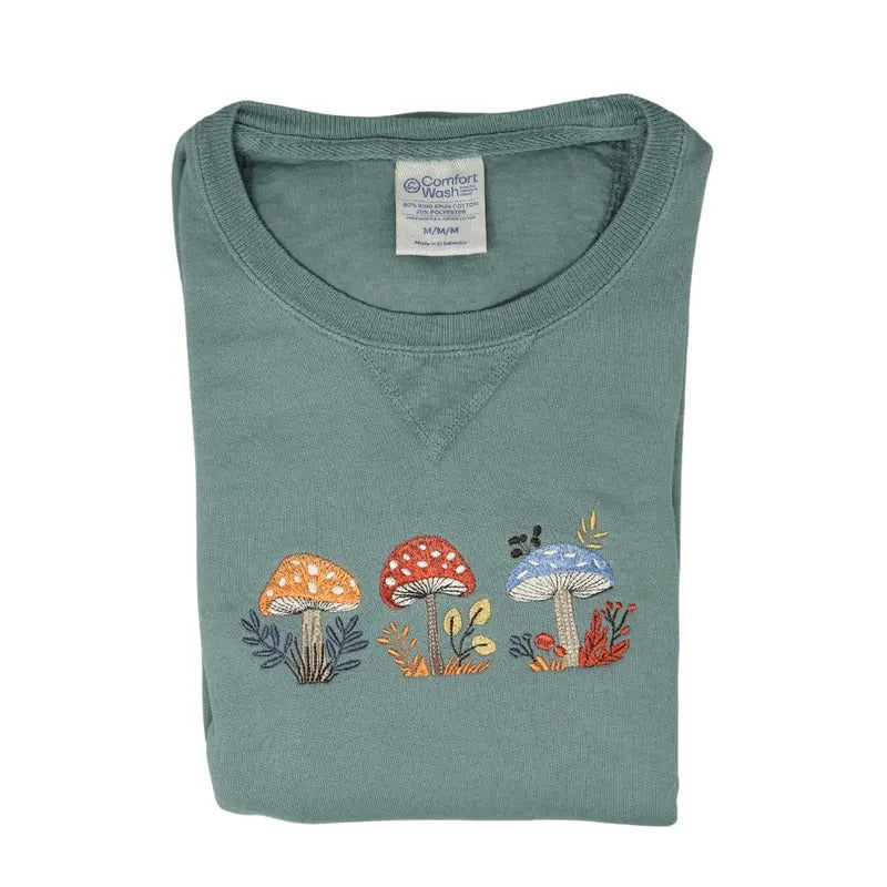Whimsical Mushroom Embroidered Pullover Crewneck Sweatshirt - Unisex - ComfortWash T-Shirts, Hoodie | HypeCrazeTee.com