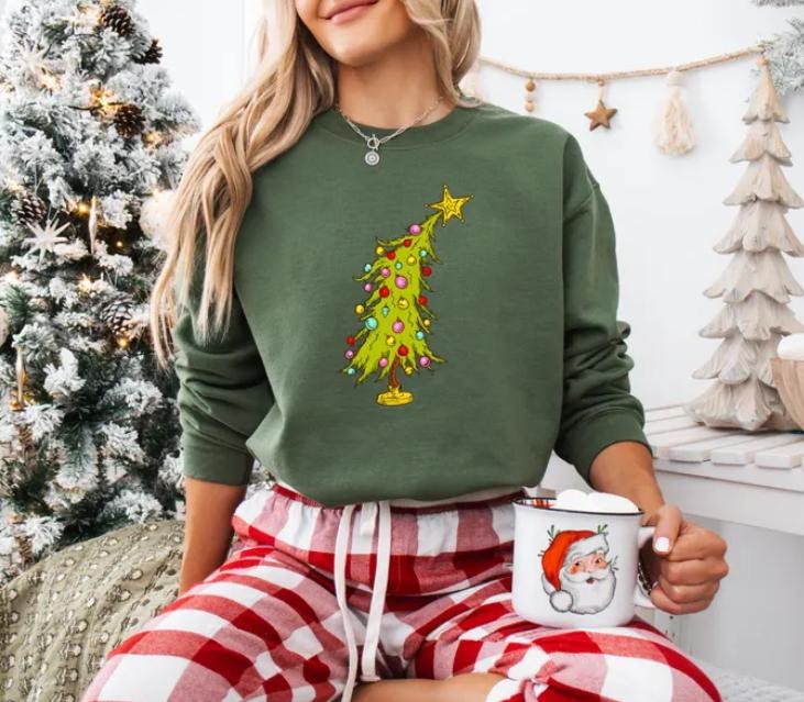 Whimsical Xmas Tree Sweatshirt, Xmas Tree Sweatshirt, Whimsical Tree, Trendy Christmas Sweatshirt, Christmas Lights...