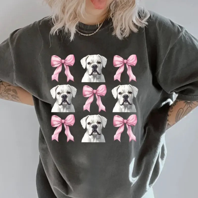 White Boxer Bows Shirt ~ Relaxed Fit Printed USA Womenswear Casual Comfort Cotton Top Athletic Boho Chic T-Shirts, Hoodie, Sweatshirt