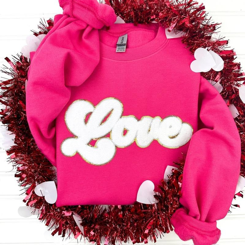 White Chenille LOVE Patch Sweatshirtstyle{n002}2 T-Shirts, Hoodie, Sweatshirt | HypeCrazeTee.com