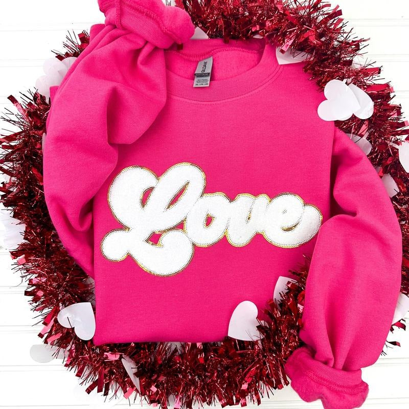 White Chenille Love Patch Sweatshirt T-Shirts, Hoodie | HypeCrazeTee.com
