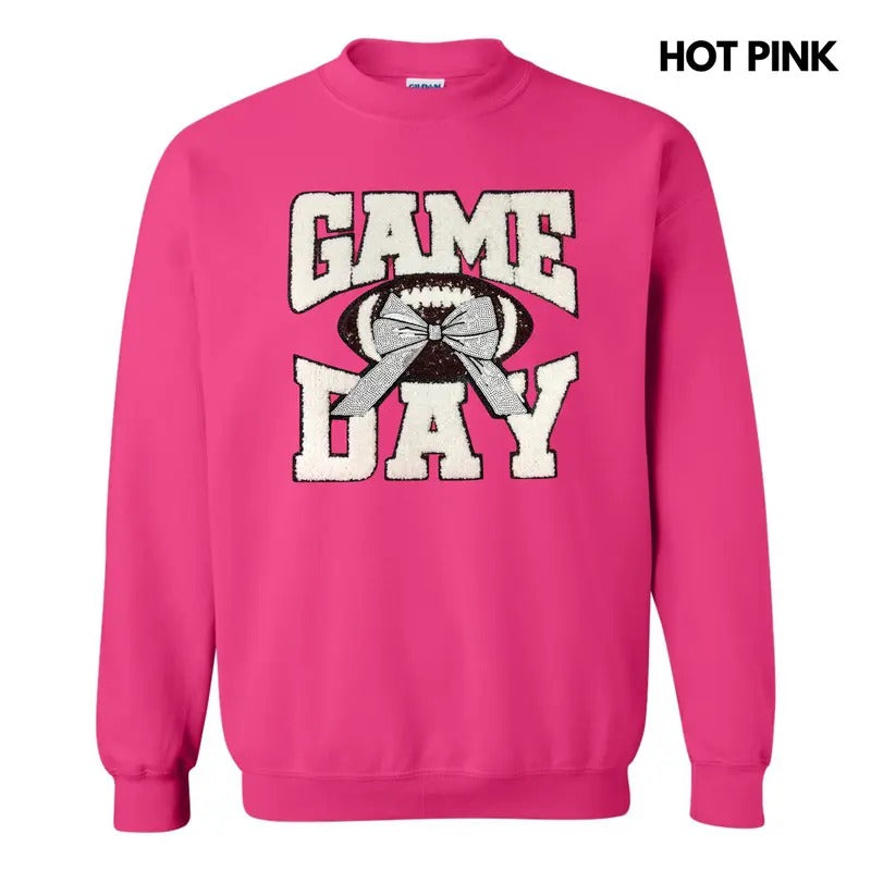 White Football Game Day Bow Patch Sweatshirt T-Shirts, Hoodie | HypeCrazeTee.com