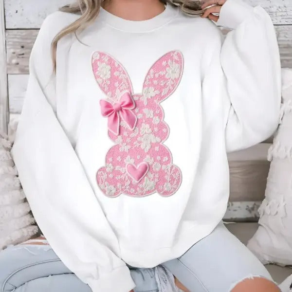 White Lace Bunny Coquette Bow sweatshirt, Easter, Lace Bow Bunny Shirt, Happy Easter Hoodie | HypeCrazeTee.com