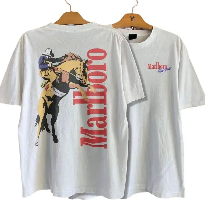 Vintage Marlboro Cowboy Wild West Unisex Black/White T-Shirt 100% Cotton Crew Neck Allsizes 501fits Menswear Top Hoodie,...