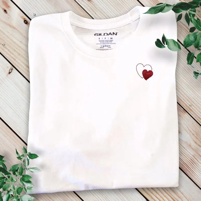White T-Shirt Personalized Small Heart T-Shirt White Red Heart Women T-shirt Little Heart T-shirt Red Heart T-shirt...