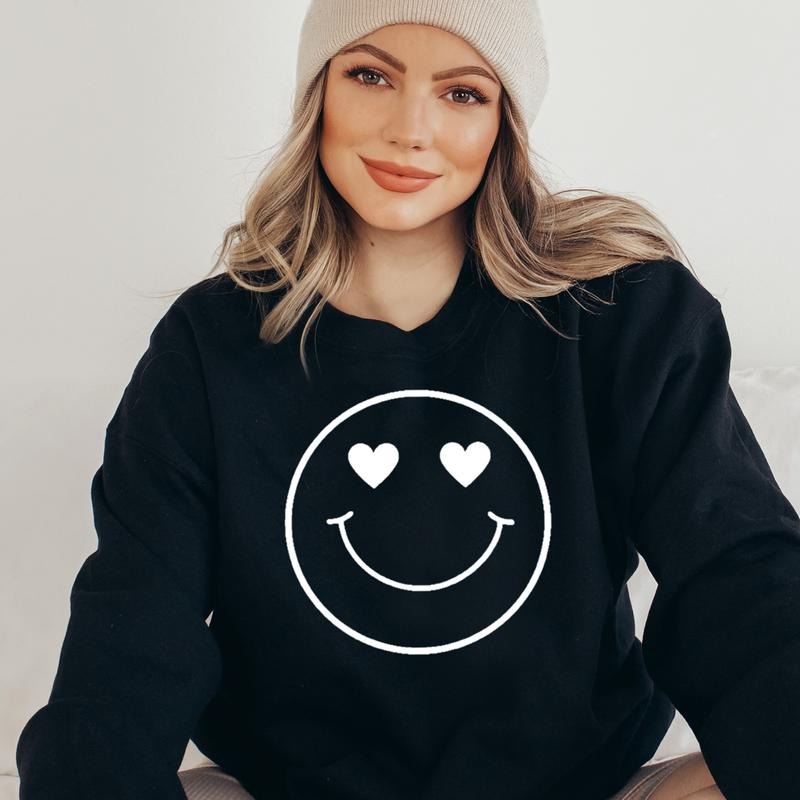 White heart eyes Smile Face Sweatshirt Valentines Smile Sweater Oversized Comfy Hoodie White Hearts Sweatshirt Valentines...