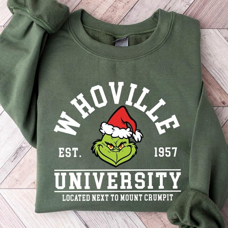 Whoville University Grinch Christmas Crewneck Sweatshirt, Hoodie, T-shirt | HypeCrazeTee.com