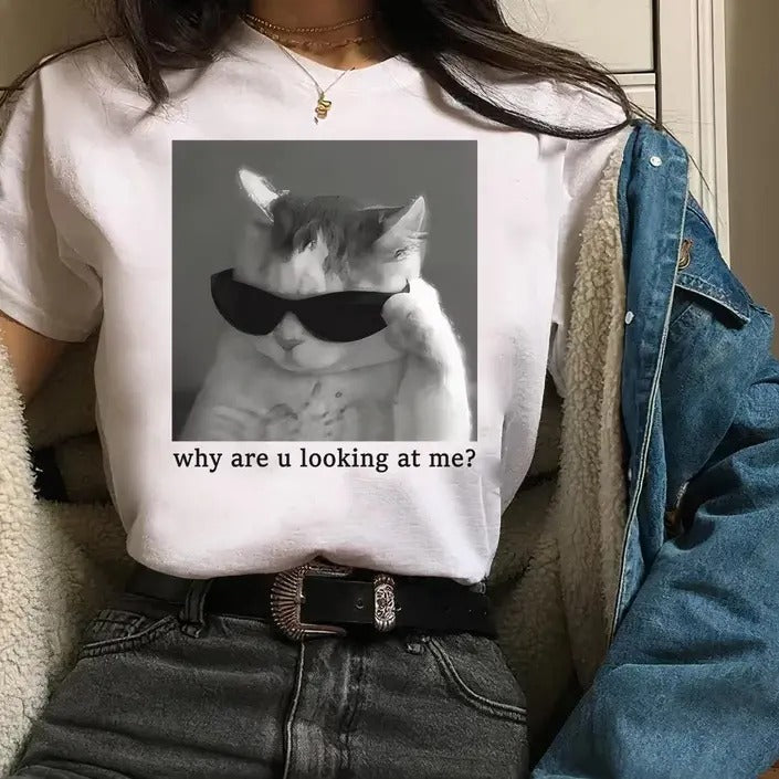 Why Are You Looking At Me Tshirt -cat meme shirt,cat shirts,funny shirt Hoodie, Sweatshirt | HypeCrazeTee.com