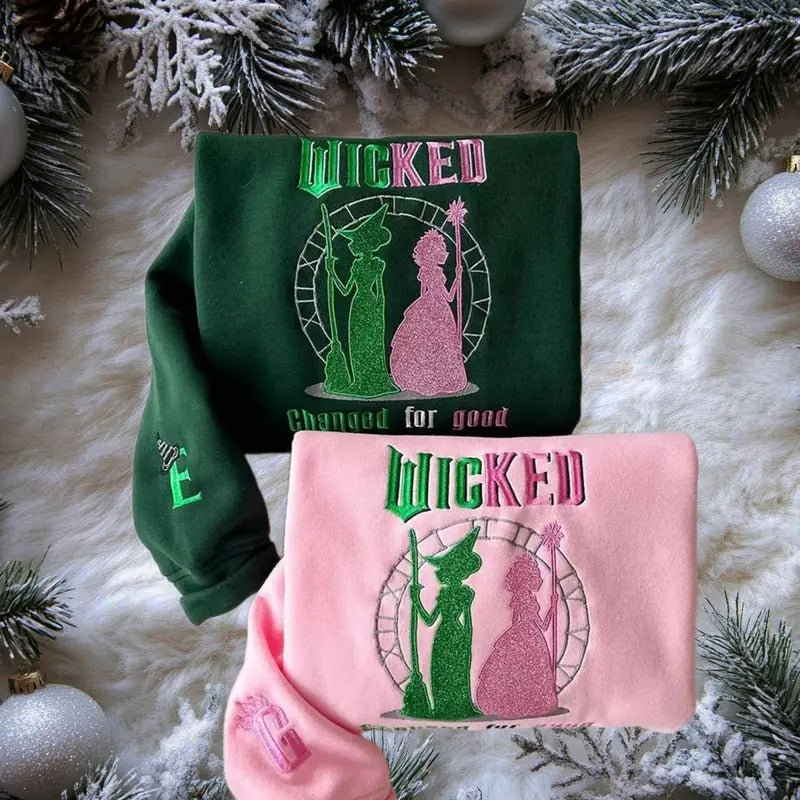 Wicked Glitter Embroidered Sweatshirt, Elphaba and Glinda Crewneck Hoodie, Wizard of Oz Embroidered Shirt, Emerald City...