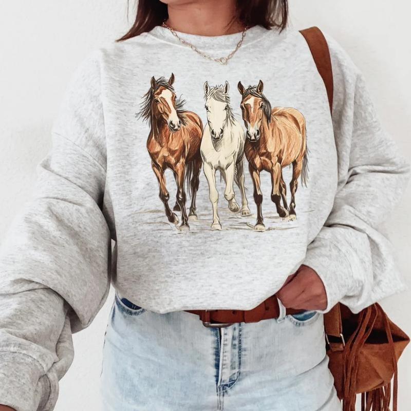 Wild Horses Sweatshirt, Crewneck Graphic SweatShirt, cowgirl outfits, western outfit women, western tops, western tops,...