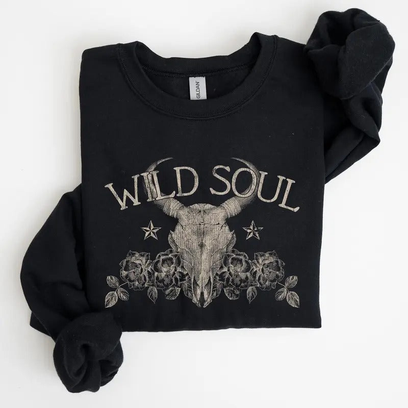 Wild Soul, Cow Skull, Western, Desert Sweatshirt T-Shirts, Hoodie | HypeCrazeTee.com