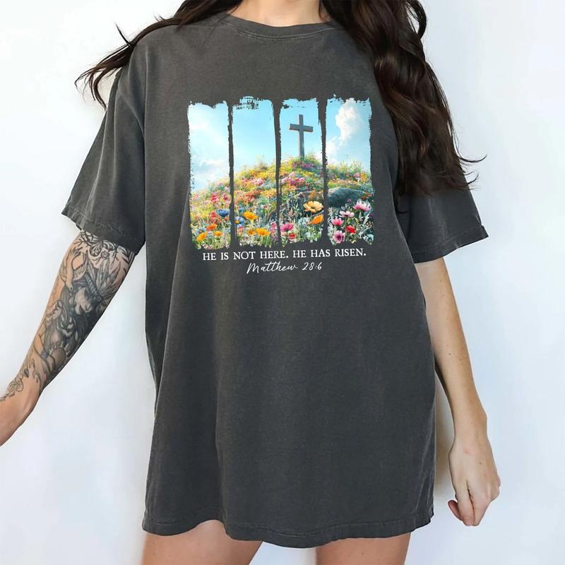 Wildflower He Is Risen Comfort Colors Shirt, Aesthetic Easter Christian T-shirt, Faith Graphic Tee, Jesus Bible Verse...