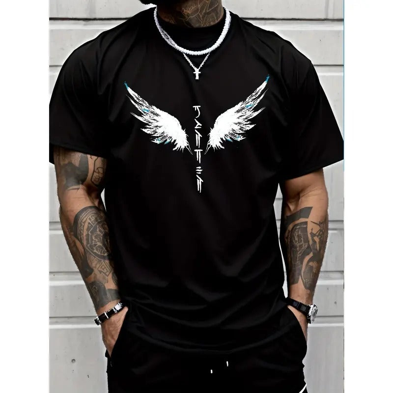 Wings Print Men's Creative Top, Casual Short Sleeve Crew Neck T-shirt, Men's Clothing For Summer Outdoor Hoodie, Sweatshirt