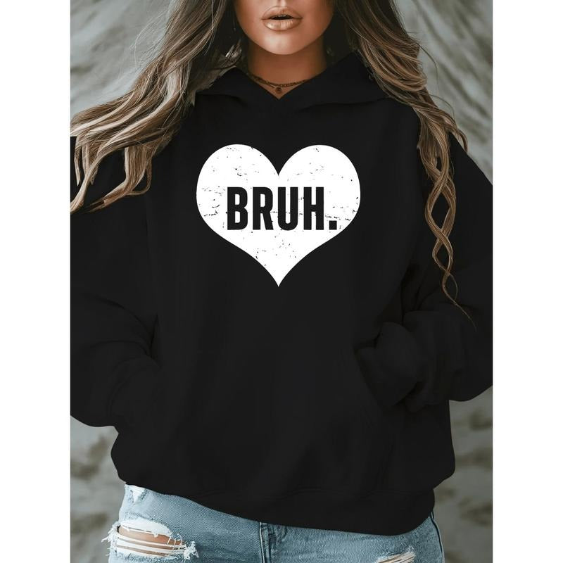 Plus Size Polyester Knit Casual Pullover Hoodie with "Bruh" Heart Print, Long Sleeve Round Neck Sweatshirt, Letter...