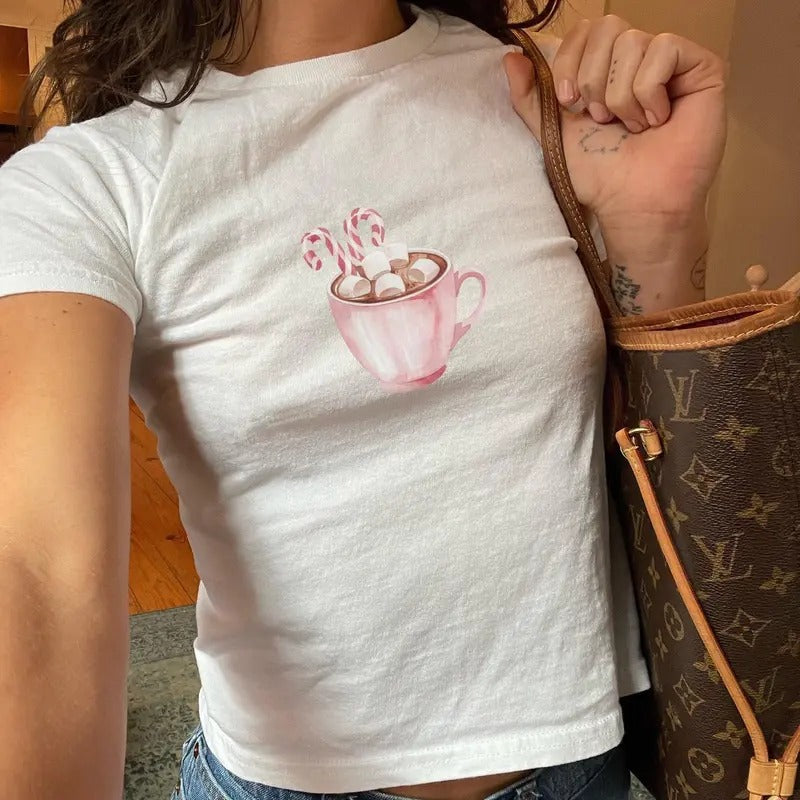 Winter Cocoa Tshirt for Women, Festive Baby Tee with Hot Chocolate and Dessert Design