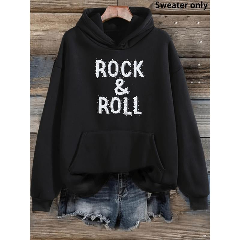 Plus Size Casual Polyester Hoodie, Women's "ROCK & ROLL" Letter Print Sweatshirt with Pocket, Stretch Knit Fabric,...