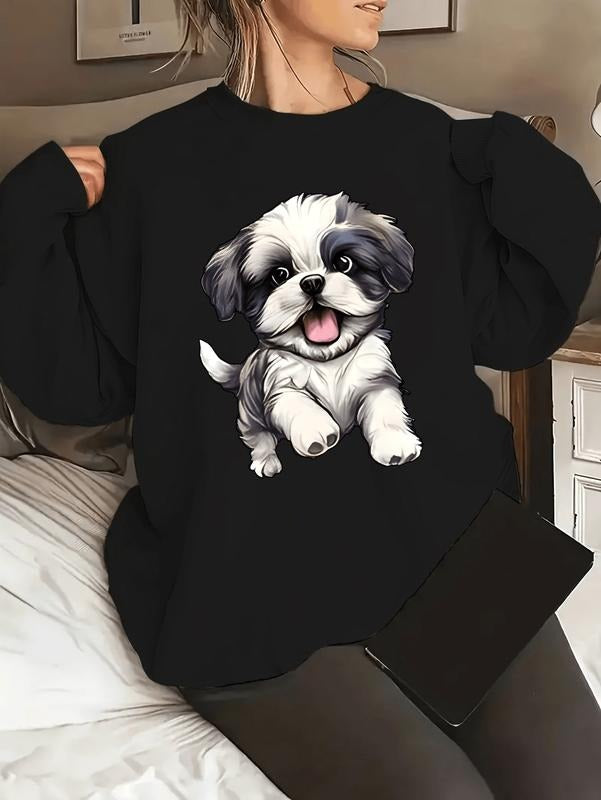 Plus Size Pet Lovers Top, Women's Dog Print Sweatshirt, Casual Crew Neck Long Sleeve Pullover, Autumn/Winter Fashion,...