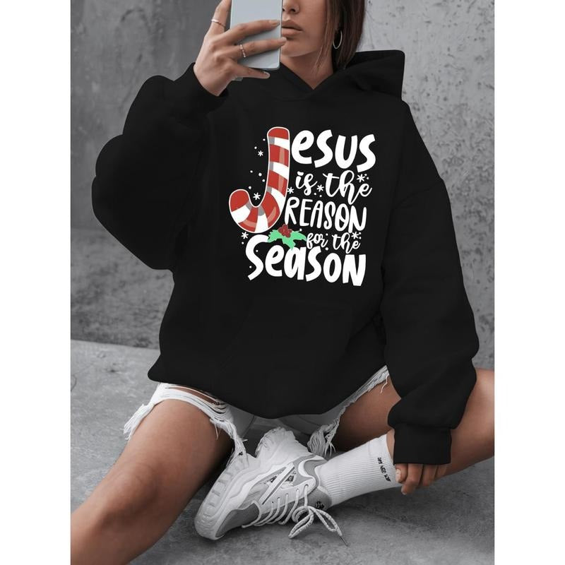 Women's Plus Size Casual Pullover Hoodie with "Jesus is the Reason for the Season" Print, Polyester Knit Long Sleeve...