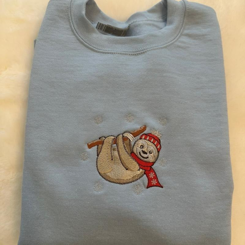 Winter Sloth Embroidered Crewneck Sweatshirt Comfortable T-Shirts, Hoodie | HypeCrazeTee.com