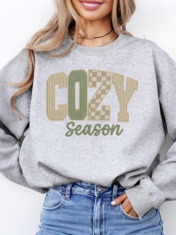 "Cozy Season" Retro Graphic Sweatshirt | Gray Oversized Pullover with Knit Texture Print | Trendy Fall/Winter Streetwear...