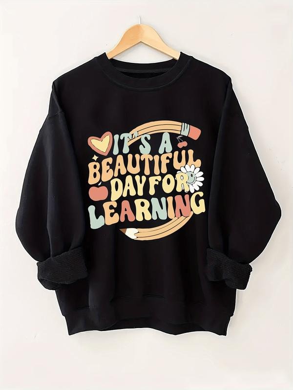 lus Size Casual Crew Neck Sweatshirt with Motivational Alphabet Print - 100% Polyester Knit Fabric with Slight Stretch, Ideal for Fall/Winter Sweatshirt