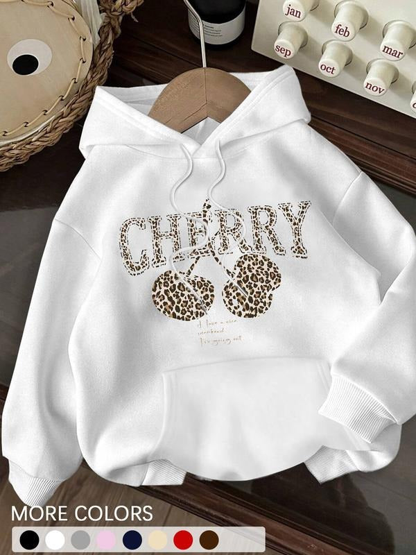 Casual Minimalist Leopard Print Cherry Pattern Loose Fit Pullover Hoodie Sweatshirt For Women, Autumn/Winter, Long Sleeve...
