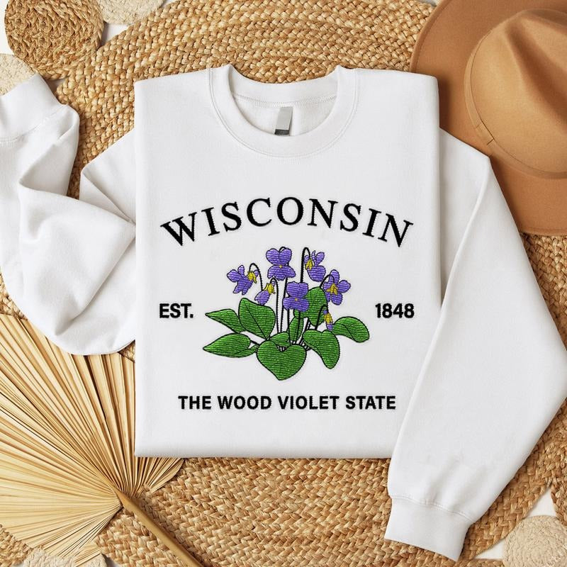 Wisconsin Wood Violet Embroidered State Flower Sweatshirt, Hometown Embroidered Shirt, Favorite Flower Embroidered Shirt...