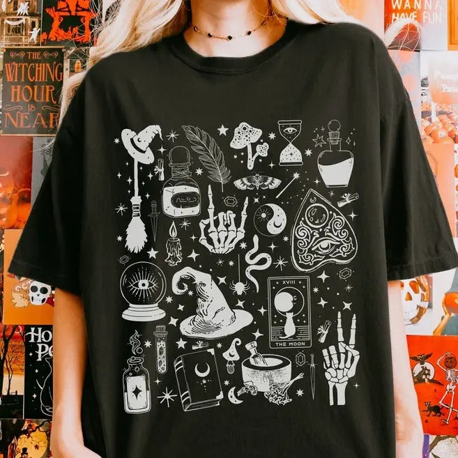 Witchy Halloween Doodles Shirt, Retro Spooky Season, Witch Aesthetic, Dark Academia Clothing, Witch Shirt, Fall Season of...