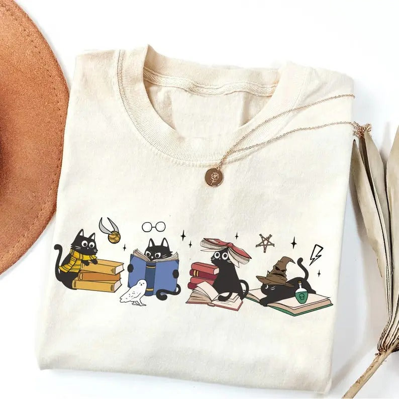 Wizard House Cat Christmas Shirt, Wizard Cat Bookish Shirt,  Magical Castle Shirt, School Cotton Crewneck Casual Basic...