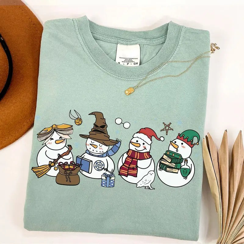 Wizard Snowman Christmas Shirt, Snowman Reading Wizard Book Shirt, Magical Castle Sweater, Wizard School Christmas Shirt,...