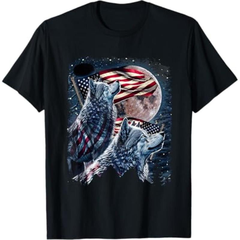 Wolf 4th of July American Flag Howling Wolves Under Moon T-Shirt Graphic Menswear Hoodie, Sweatshirt | HypeCrazeTee.com